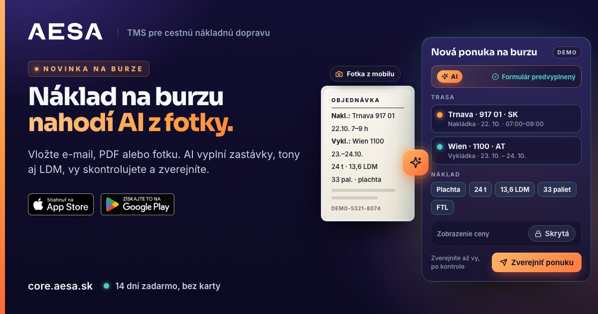 Fotka objednávky prepravy a vedľa nej formulár Nová ponuka na burzu v AESA Core TMS so zastávkami, nadstavbou, tonami a LDM, ktoré vyplnila AI