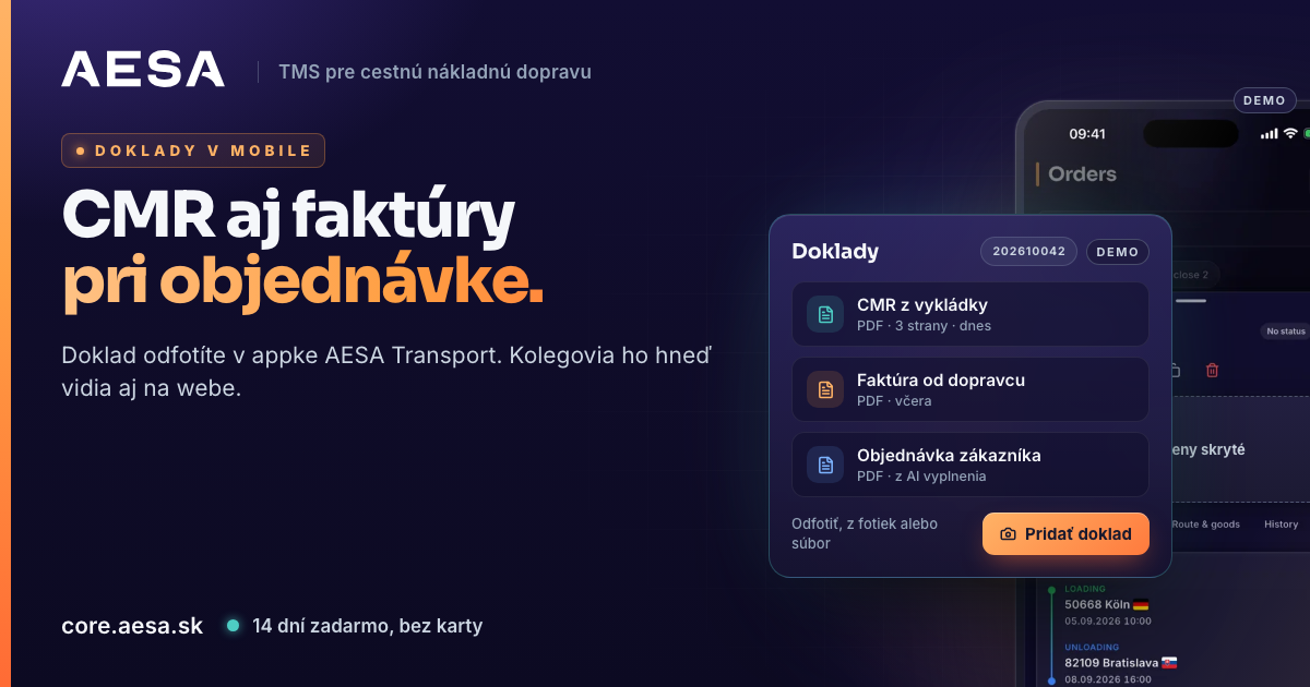 Telefon ze zleceniem w AESA Core TMS i karta Dokumenty z CMR z rozładunku, fakturą od przewoźnika i przyciskiem Dodaj dokument