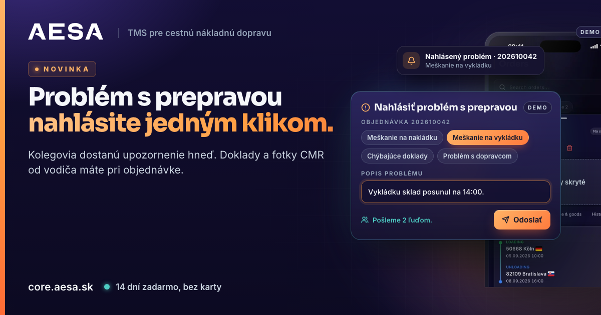 Fereastra Raportează o problemă de transport în AESA Core TMS cu categoria Întârziere la descărcare, o descriere și informația că raportul îl primesc doi colegi
