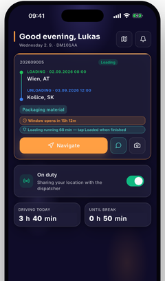 Telefon mit der App AESA Drive: heutige Fahrt und Schalter für die Standortfreigabe.