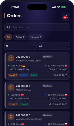 Telefon mit der App AESA Transport: Auftragsliste mit Status.