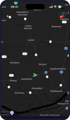 Telefon mit der App AESA Transport: Karte mit Fahrzeugposition.