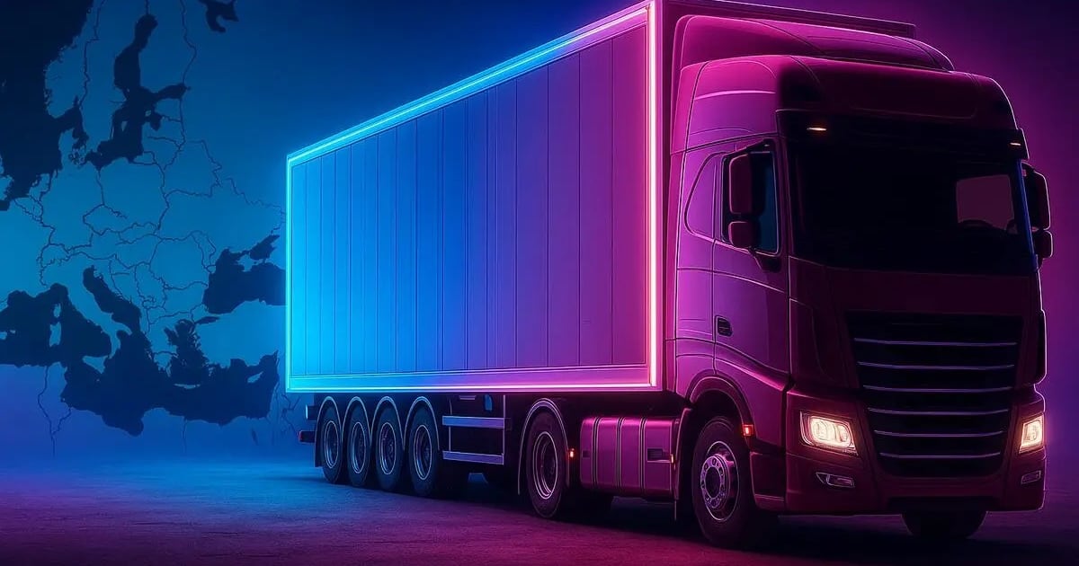 Truck and trailer in front of a map of Europe – AESA Core TMS, the system for orders, carriers and drivers